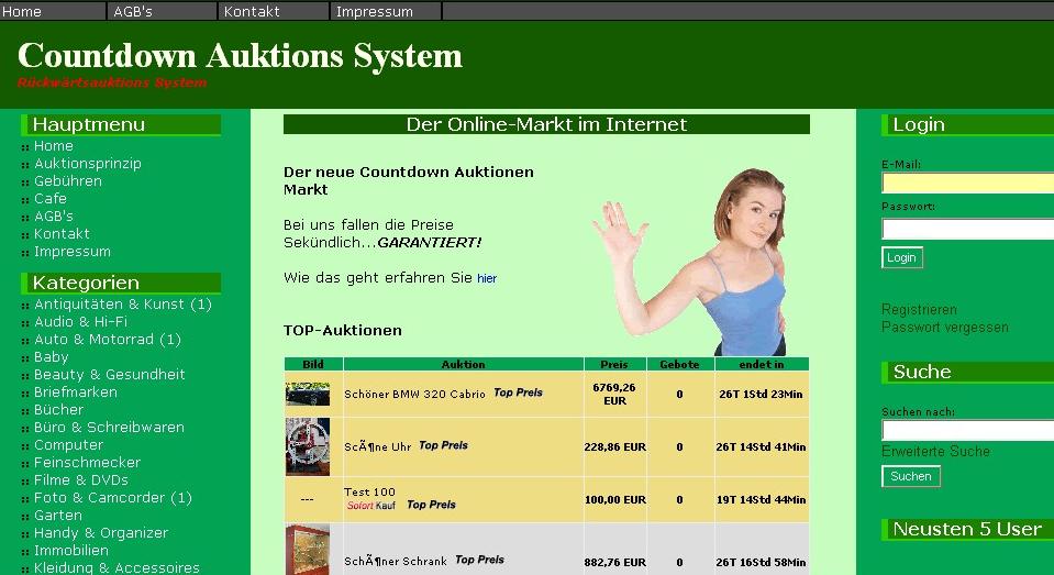 Countdown Standart Rückwärts Auktions System